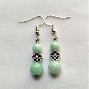 Natural Gemstone Green Jade Beaded Flower Dangle Earrings Handmade Reiki Chakra